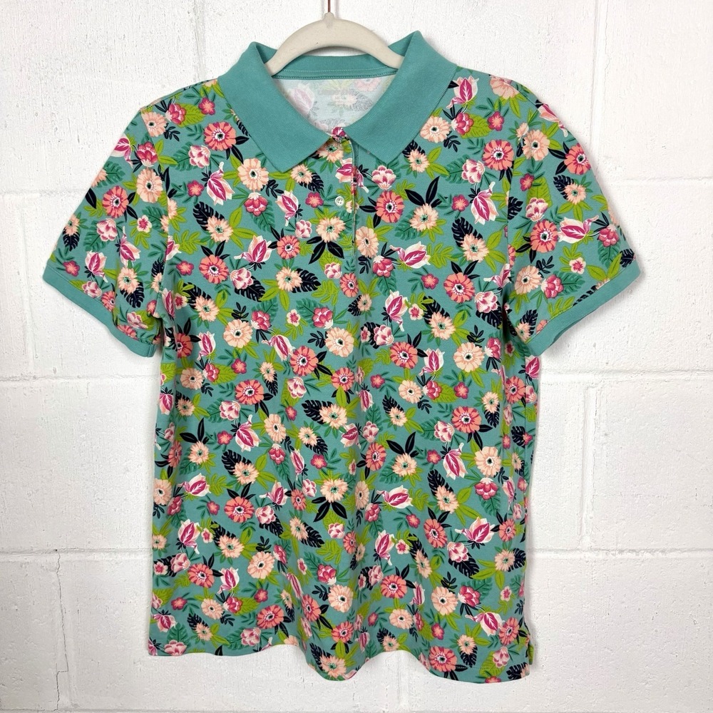 Lands' End Women's Floral Polo Preppy Tropical Colorful Vacation Travel Golf M